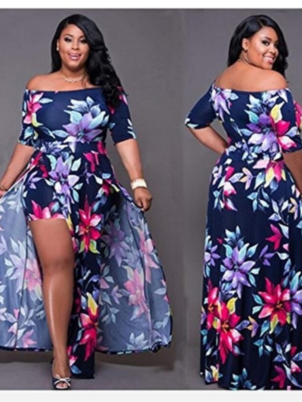 Vibrant Floral Maxi Dress With Slit Front Panels Showing Shorts Beneath - Picture 1 of 10